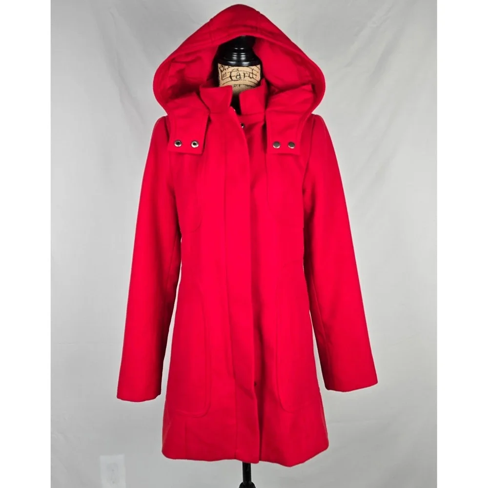 Merona Womens Red Hooded Pea Coat Jacket Zip Snap‎ Front Medium